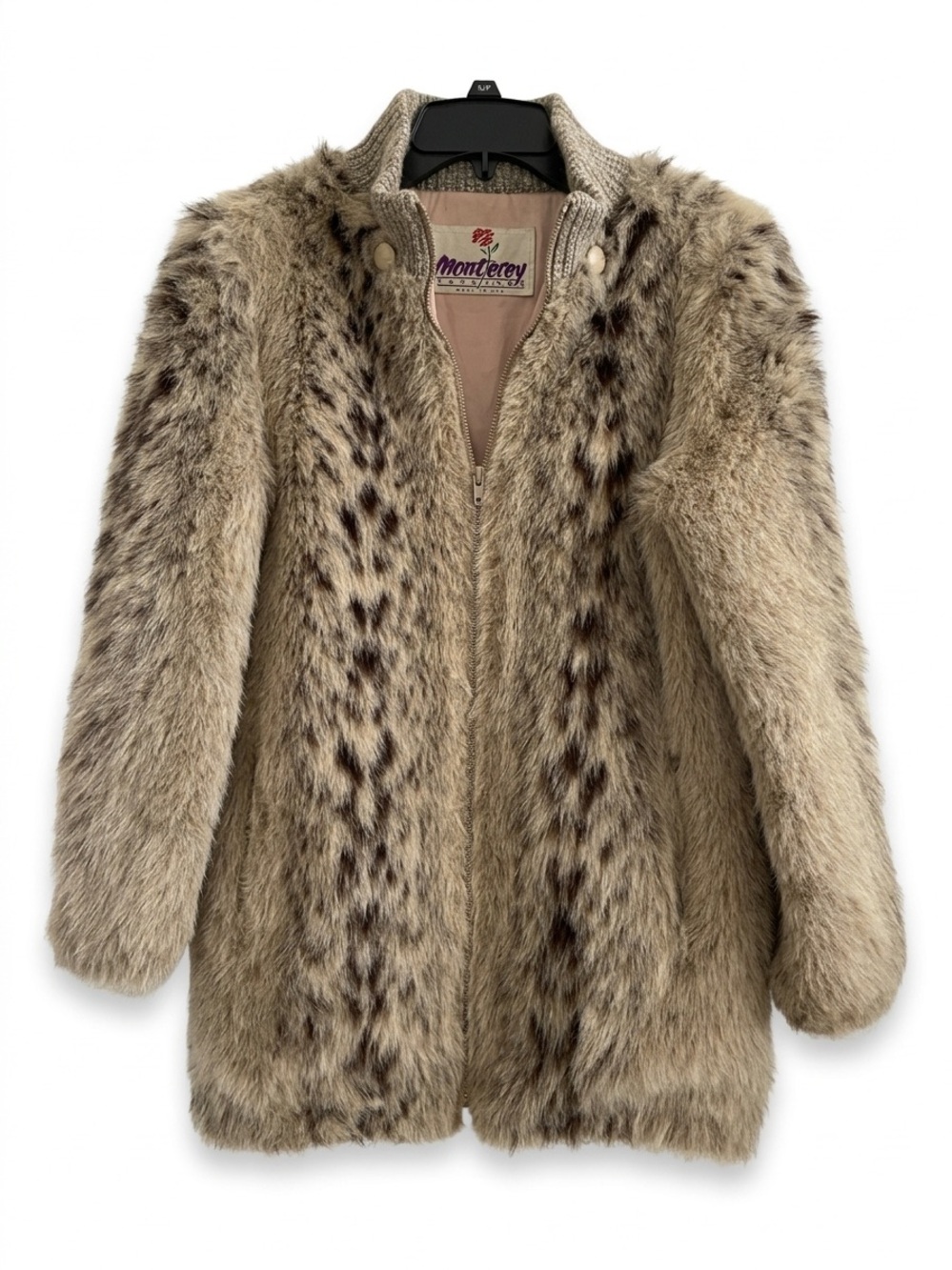 Vintage 70/80s Monterey Fashions Faux Fur Animal Print Coat with Knit Collar USA